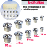 Dowel Centers, Stainless Steel Dowel Center Transfer Plugs 10PCS with 5 Sizes of 1/4" 3/8" 5/16" 7/16" 1/2" Dowel Centering Pins Joinery Accessories -By MinliGUY Woodworking Tool